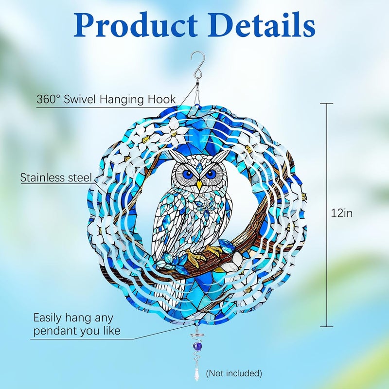 WAZZIO Owl Wind Spinners Outdoor, Owl Gifts for Women Men Wife Mom Husband Dad Grandpa, Hanging Wind Sculptures Spinners for Christmas, 12 inch Outdoor Indoor Hanging Ornament for Garden Porch - Image 2
